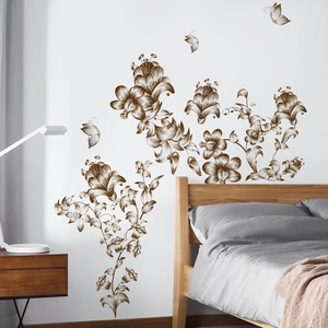 Floral wall stickers with butterfly accents for living room and bedroom home decoration
