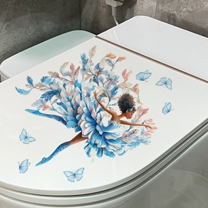 Artistic blue flower ballerina and butterfly self-adhesive toilet lid wall sticker