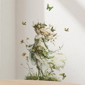 Green fairy wall sticker with butterflies and yellow flowers for home wall decor