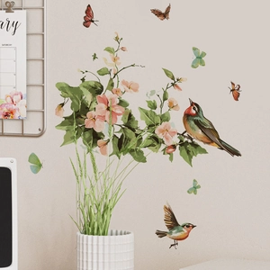 Stickers muraux autocollants avec fleurs vertes et oiseaux pour salon et chambre décoration