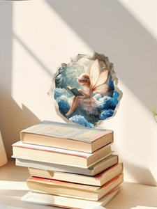 Dettaglio dell'adesivo murale 3D con ortensie blu e fata che legge un libro