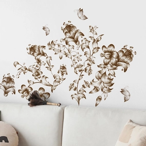 Brown floral vine wall decals with butterflies for living room home wall decoration