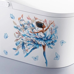 Colorful dancing ballerina wall sticker with blue floral dress and butterflies for home decor
