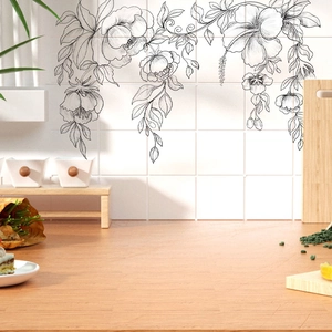 Hanging black floral line art wall decals for modern kitchen or living room background