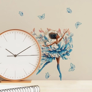 Artistic ballet dancer wall decal with blue petal dress and butterflies for home decor