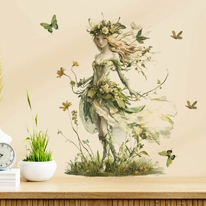 Forest fairy wall sticker featuring a girl in leaf dress and green butterflies decoration