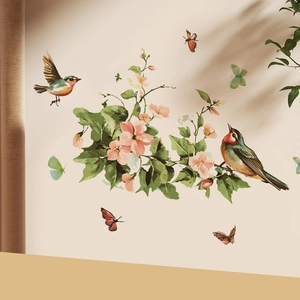 Stickers muraux fleurs vertes et oiseaux avec papillons pour décoration de maison