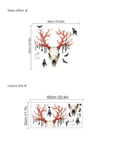Halloween wall sticker layout showing skull with red antlers, ghosts and bats dimensions