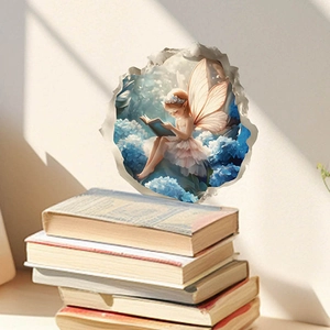 Adesivo da Parete 3D Fata Che Legge un Libro in Fiori Blu in PVC Impermeabile Autoadesivo Decorazione Domestica per Camera
