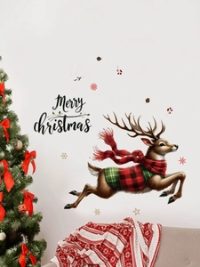 Detail of Christmas reindeer wall sticker with red plaid vest and Merry Christmas text