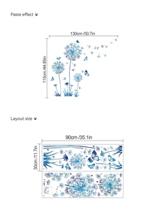 Detailed layout and paste dimensions for blue dandelion butterfly PVC wall stickers