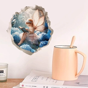 Adesivo murale 3D con fata e ortensie blu per decorare camera da letto e cameretta