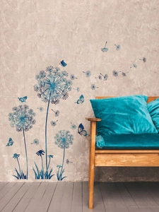 Detailed blue dandelion and butterfly wall sticker displayed in elegant home setting