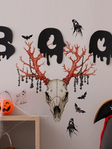 Detail of Halloween ram skull wall stickers with red antlers and spooky BOO text decor