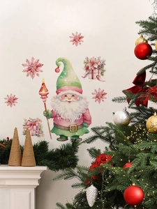 Aquarel kerstkabouter en roze sneeuwvlok stickers op een feestelijke open haard achtergrond