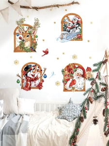 Christmas window wall stickers featuring reindeer, penguin, snowman and Santa in wood frames