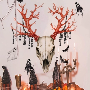 Halloween ram skull wall sticker with red antlers and gothic decor for home art