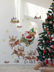 Détail de sticker mural de Noël avec traîneau du Père Noël et scène de village festif