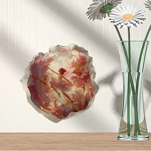3D wall sticker with pink flower fairy and wall breaking effect for home decor