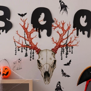 Halloween ram skull wall decal with red coral horns and bats for festive home decoration