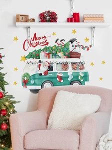 Festive Santa Claus bus wall decal with Merry Christmas text on living room wall