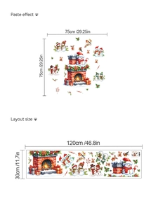 Detail of Christmas snowman fireplace wall sticker set with layout dimensions and paste effect