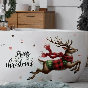 Festive Christmas reindeer wall sticker with Merry Christmas text on a white bathtub background