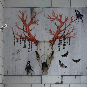 Halloween gothic wall sticker featuring white ram skull with red coral horns and black bats