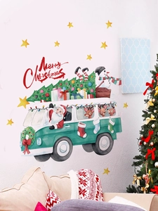 Christmas Santa bus wall sticker set with festive tree and gifts in cozy living room