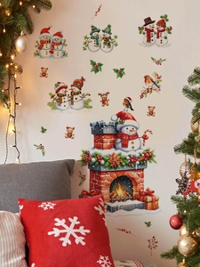 Detailed Christmas wall decals showing snowman and fireplace scenes for home decoration