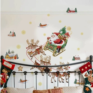 Stickers Muraux Noël Père Noël Traîneau Renne PVC Amovible Décalcomanies Autocollantes Pour Décoration De Maison De Vacances Chambre Salon