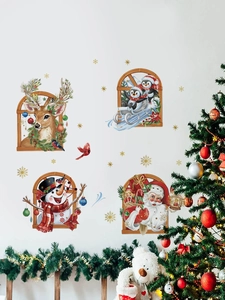 Detailed Christmas window wall stickers featuring reindeer and penguins on white wall