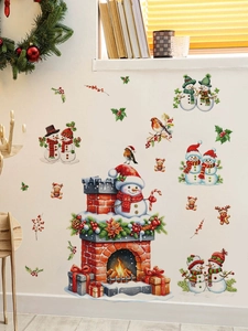 Festive Christmas snowman and fireplace wall stickers for holiday home wall decor