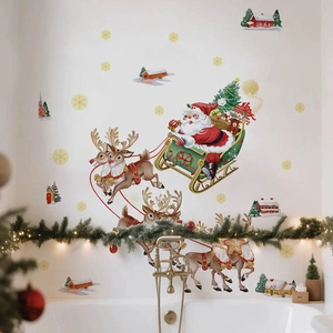 Stickers muraux rennes de Noël avec traîneau du Père Noël pour déco festive