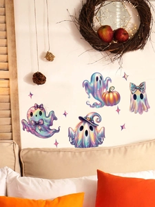 Détail de stickers muraux holographiques Halloween avec citrouille et chapeau de sorcier