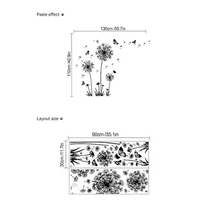 Self-adhesive black dandelion wall stickers with butterfly accents and size guide