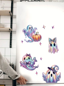 Détail des stickers muraux fantômes holographiques avec chapeau de sorcier et citrouille