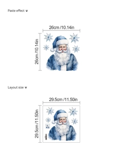 Detailed sizing guide showing layout dimensions for blue Santa Claus wall stickers