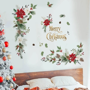 Adesivi murali fiori natalizi con scritta Merry Christmas dorata per l'arredo camera