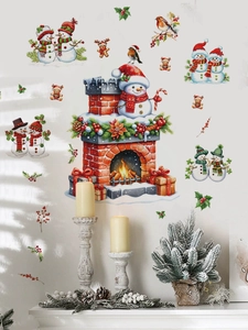 Detail of Christmas wall stickers featuring snowman fireplace and robin bird elements
