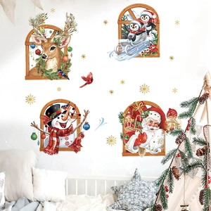 Christmas Window Wall Stickers Santa Claus Reindeer Snowman Fake Window PVC Self Adhesive Decals Home Holiday Wall Art
