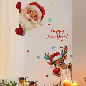 Stickers Muraux de Noël Père Noël Dessin Animé Renne Décalcomanies Fenêtre PVC Amovible DIY Nouvel An Vacances Décoration Maison