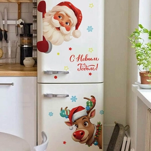 Stickers de Noël Père Noël et Renne sur un frigo blanc avec flocons décoratifs