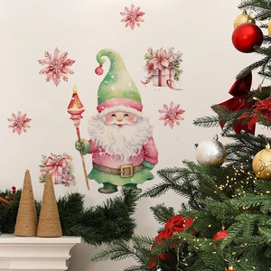 Kerstkabouter muursticker set met roze sneeuwvlokken en decoratieve geschenkdozen
