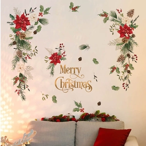 Adesivi murali natalizi con fiori e testo Merry Christmas per decorazione del soggiorno