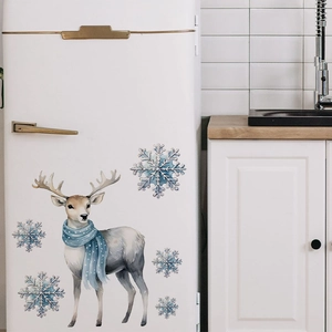 Sticker Mural Renne de Noël Aquarelle Flocons de Neige Bleus PVC Décalcomanie Amovible pour Salon Chambre Maison Décor