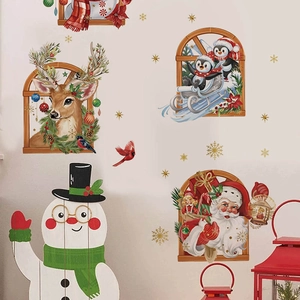 Christmas window wall decals with Santa, reindeer and golden stars for home holiday decor