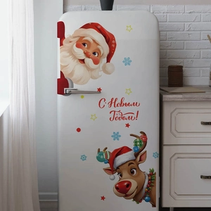 Stickers de Noël avec Père Noël et renne sur frigo blanc et texte de vœux russe