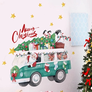 Christmas wall stickers featuring Santa Claus driving a green bus with reindeer and stars