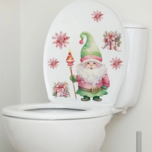 Roze kerstkabouter en sneeuwvlokken muurstickers voor feestelijke badkamer decoratie thuis